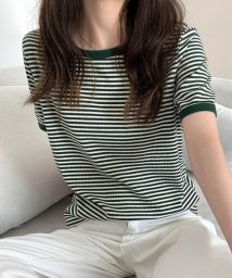 MAISON BREEZE(MAISON BREEZE)/【MAISON BREZEE】リンガー トリム レトロ ボーダー Tシャツ SCCH161/グリーン