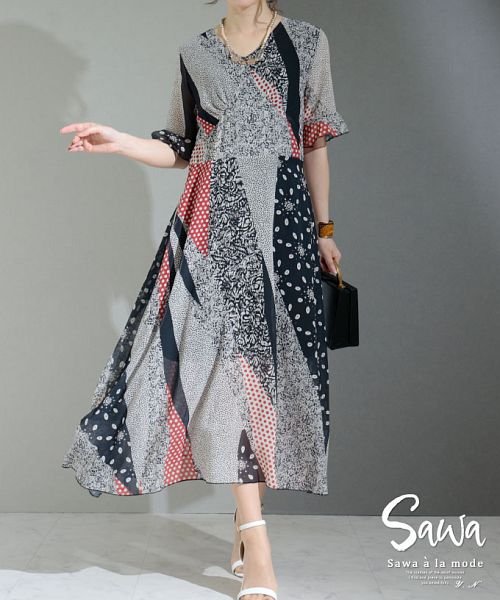 セール ランダムテキスタイルのフレアワンピース サワアラモード Sawa A La Mode Magaseek