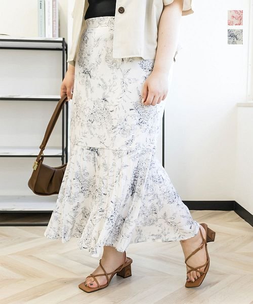 クレット 大きいサイズ Clette 線描き花柄プリーツ使いスカート Magaseek