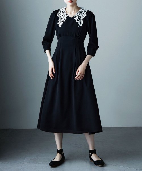 エトル Etoll Etoll エトル 2wayレース襟vネックワンピース ワンピ ワンピース ドレス フォーマル 五分袖 レース つけ襟 結婚式 二次会 パーティー オケージョ Magaseek