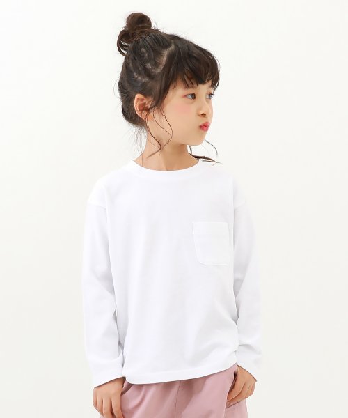 devirock(デビロック)/無地 ポケット付き クルーネック 長袖Tシャツ 子供服 キッズ ベビー 男の子 女の子 トップス 長袖Tシャツ ロンT 綿100% 吸汗/ホワイト