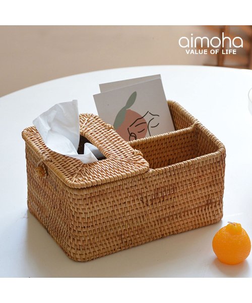 aimoha(aimoha（アイモハ）)/手作りの籐製小物入れ付きティッシュケース/ベージュ