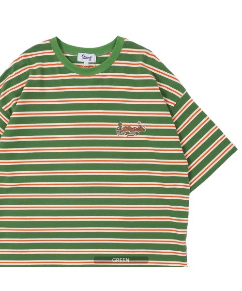 1111clothing(ワンフォークロージング)/オーバーサイズ tシャツ メンズ ボーダーtシャツ レディース ビッグtシャツ 綿100% ビッグシルエット ボーダー 半袖 ビッグt ワンポイント 刺繍 緑 /グリーン