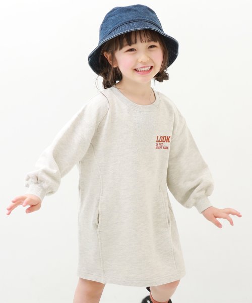 devirock(デビロック)/ビッグシルエット ガゼットスウェットワンピース 子供服 キッズ 女の子 長袖ワンピース ワンピース 綿100% 裏毛 吸汗/ライトベージュ