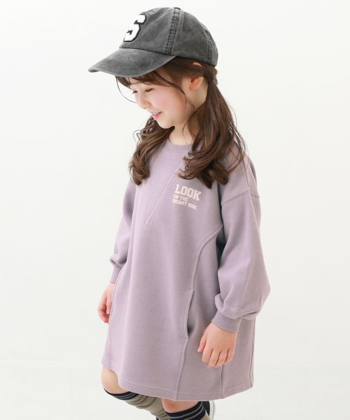 devirock(デビロック)/ビッグシルエット ガゼットスウェットワンピース 子供服 キッズ 女の子 長袖ワンピース ワンピース 綿100% 裏毛 吸汗/パープル