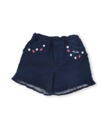 SLAP SLIP(スラップスリップ)/裾 バック フリル イチゴ 花 刺繍 デニムニット ショートパンツ (90~13/ネイビー