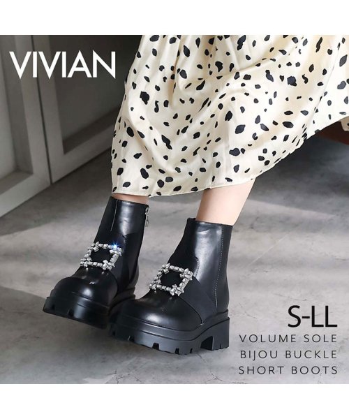Vivian(ヴィヴィアン)/厚底ビジューバックルショートブーツ/ブラック