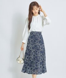 tocco closet(トッコクローゼット)/配色ラインフラワー刺繍楊柳フレアスカート/NAVY