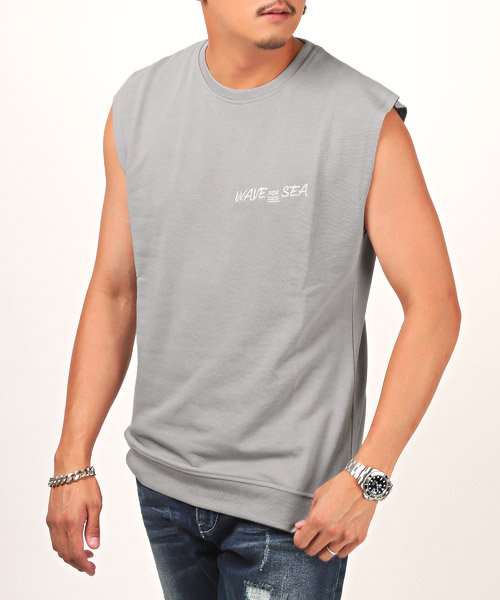 LUXSTYLE(ラグスタイル)/カットオフノースリーブTシャツ/Tシャツ ノースリーブ メンズ ロゴ 刺繍 カットオフ 切りっぱなし クルーネック/グレー
