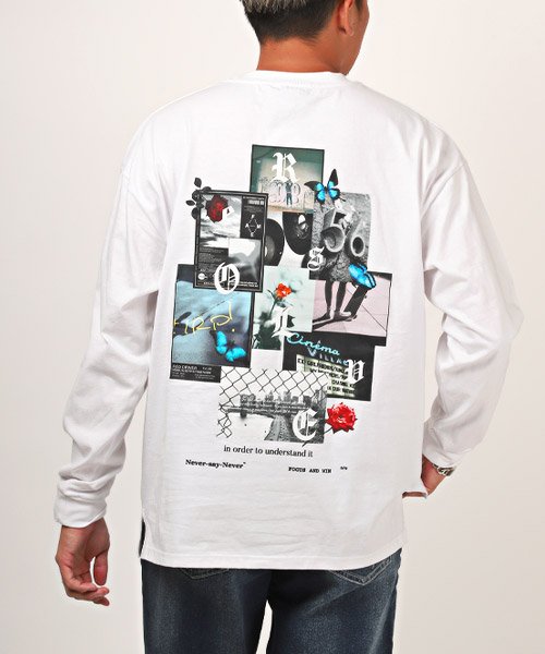 LUXSTYLE(ラグスタイル)/バックフォトプリントロンT/ロンT メンズ 長袖Tシャツ バックプリント フォト ロゴ プリント ビッグシルエット/ホワイト