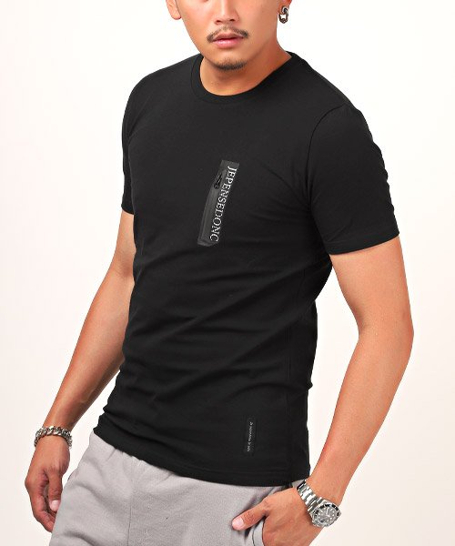 LUXSTYLE(ラグスタイル)/ZIPポケット風デザインバックプリントTシャツ/Tシャツ メンズ 半袖 ロゴ プリント ジップデザイン/ブラック