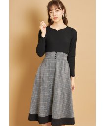 tocco closet(トッコクローゼット)/ハートネックリブカットソー×ハートウエストグレンチェックドッキングワンピース/BLACK