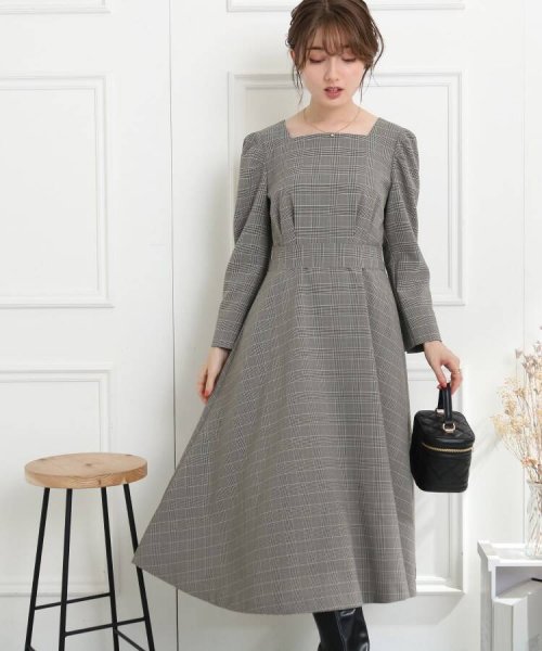 セール トレンド秋チェックワンピ チェック柄フレアワンピース ウエストリボン付き クチュールブローチ Couture Brooch Magaseek