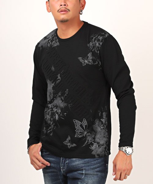 セール 昇華転写花柄エンボスロゴロンt ロンt メンズ 長袖tシャツ エンボス加工 ロゴ 花柄 蝶 プリント ラグスタイル Luxstyle Magaseek