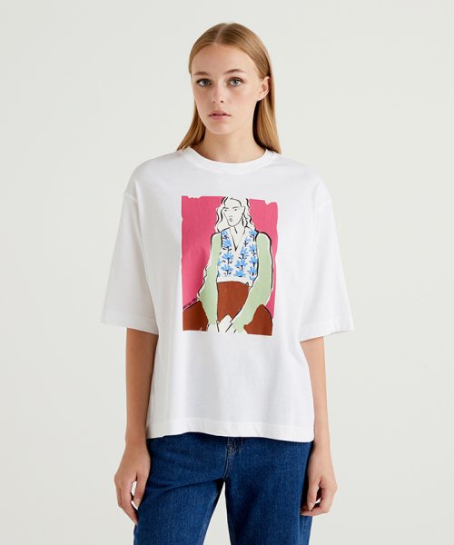 BENETTON (women)(ベネトン（レディース）)/5分袖プリントTシャツ・カットソー/ホワイト