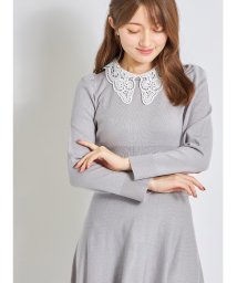 tocco closet(トッコクローゼット)/取り外し可能なレース襟付きリブ切替パワーショルダーニットワンピース/ICEGRAY