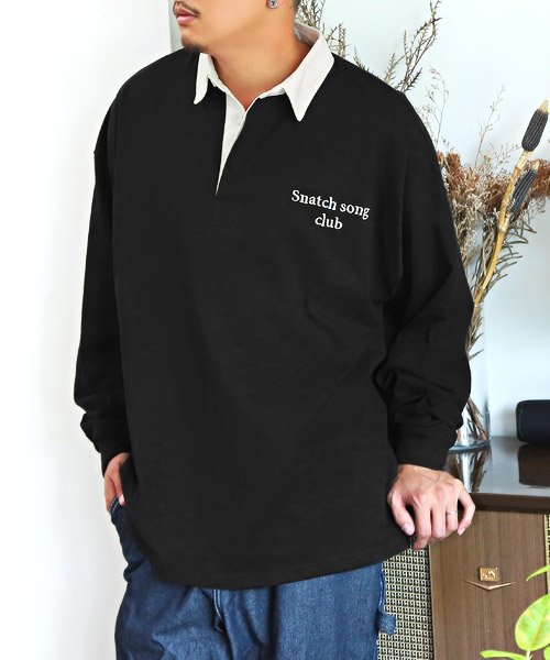 LUXSTYLE(ラグスタイル)/長袖ヘビーウェイトラガーシャツ/ラガーシャツ メンズ 長袖 ポロシャツ ロゴ 刺繍 ビッグシルエット ヘビーウェイト/ブラック