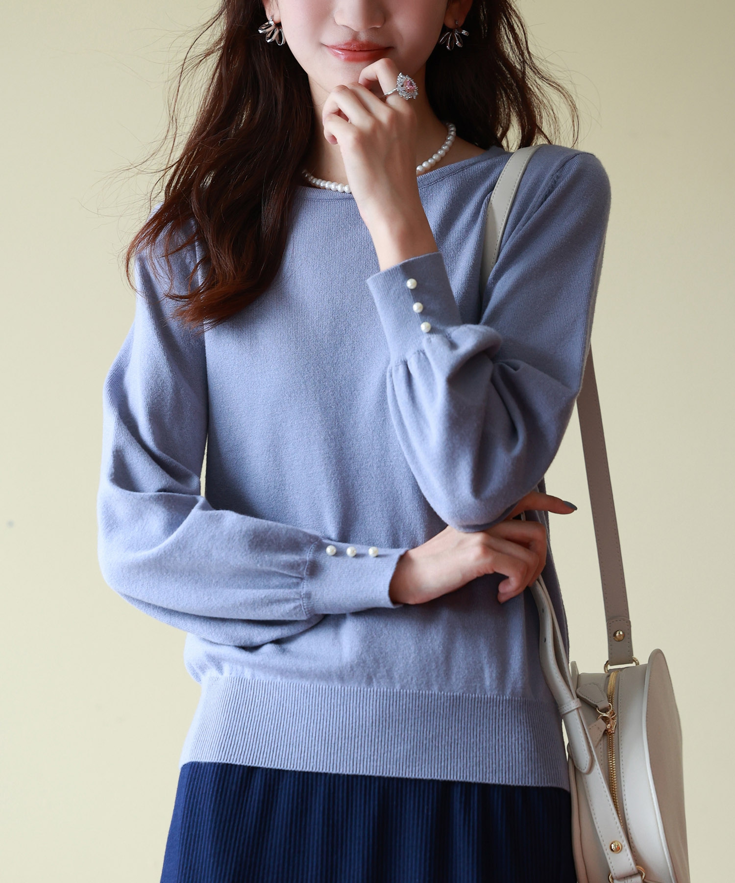 パールボタンボリュームスリーブニットプルオーバー(504915197