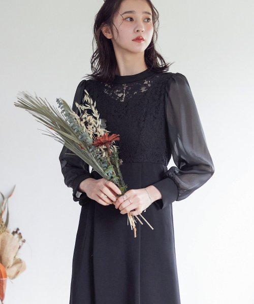 結婚式 ワンピース パーティードレス レース ハイネック シンプル コクーン レトロ クラシカル キャミ ビスチェ レイヤード ロング 透け感 長袖 袖あり オ 商品説明niana ニアナ クラシカルな雰囲気になるハイネックデザイン。身頃部分だけレースを使用し、上品な印象 MYK1486710231 (11440円)