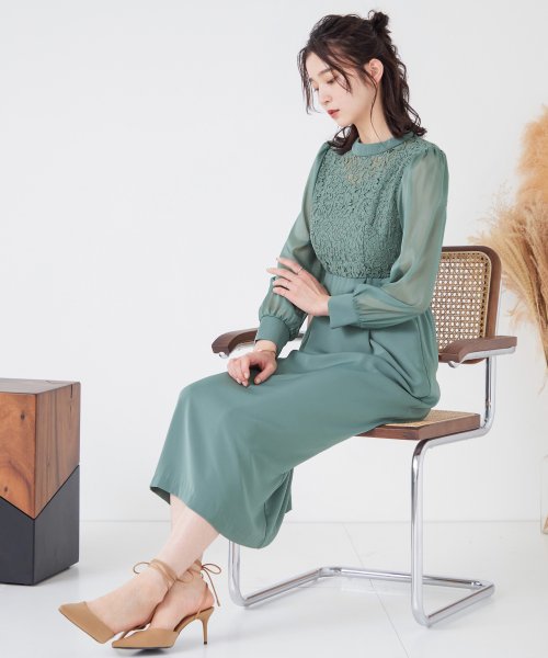結婚式 ワンピース パーティードレス レース ハイネック シンプル コクーン レトロ クラシカル キャミ ビスチェ レイヤード ロング 透け感 長袖 袖あり オ ニアナ Niana Magaseek