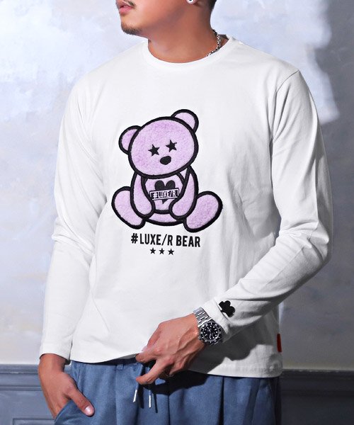 LUXSTYLE(ラグスタイル)/LUXE/R(ラグジュ)BEARボアロンT/ロンT メンズ 長袖Tシャツ テディベア アップリケ ボア もこもこ/ホワイト系1