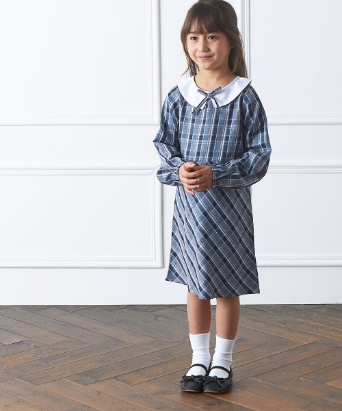 セール オケージョン 襟付き リボン フォーマル ガールズ フレア ワンピース 長袖 無地 チェック柄 ペアマノン Pairmanon Magaseek