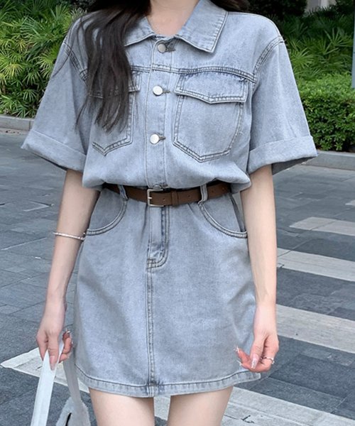 セール レディース 半袖ロールアップデニムミニワンピース テディショップ Teddyshop Magaseek