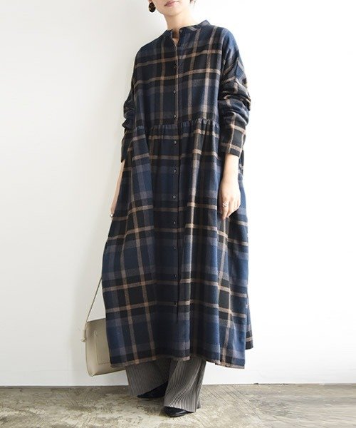 セール ワイドネルシャツワンピース レディース 秋冬 ワンピース 秋 長袖 切替 チェック ゆったり おしゃれ かわいい ロング 大人 体型カバー 膝下 シャツワンピ アンドイット And It Magaseek