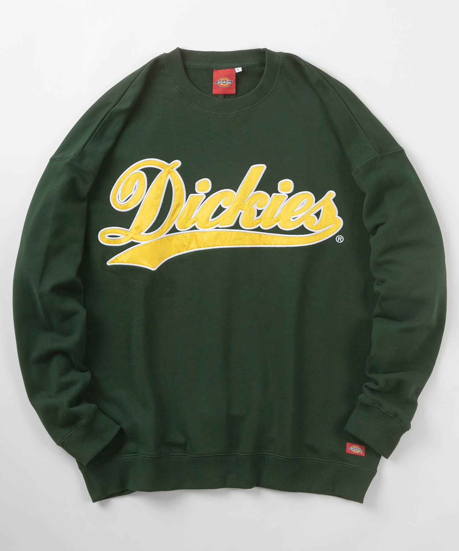 【Dickies/ディッキーズ】サテンワッペン刺繍 ビッグカレッジロゴ スウェット/スタジアムロゴトレーナー/ビッグシルエット/裏毛