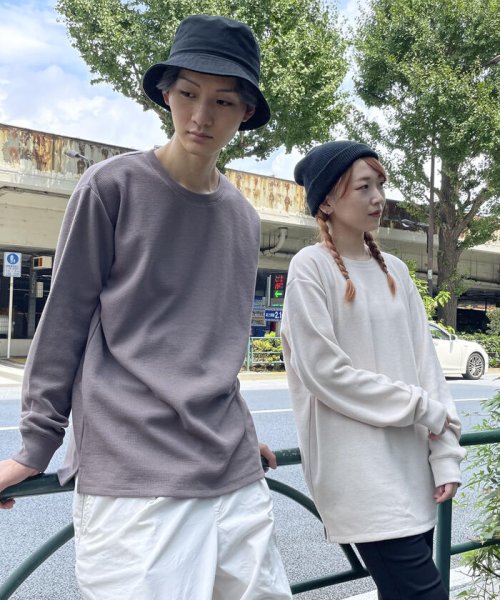 裏起毛ワッフル 長袖Tシャツ(504905723) パープル&イエロー(Purple Yellow) MAGASEEK purpleyellow パープルアンドイエロー グレー スウェット 長袖