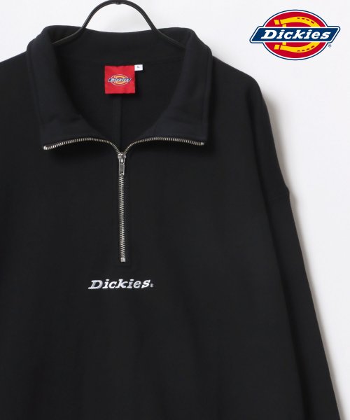 LAZAR(ラザル)/【Lazar】Dickies/ディッキーズ 別注 ビッグシルエット ミニロゴ カレッジ ワンポイント刺繍 ハーフジップ スウェット メンズ レディース/ブラック