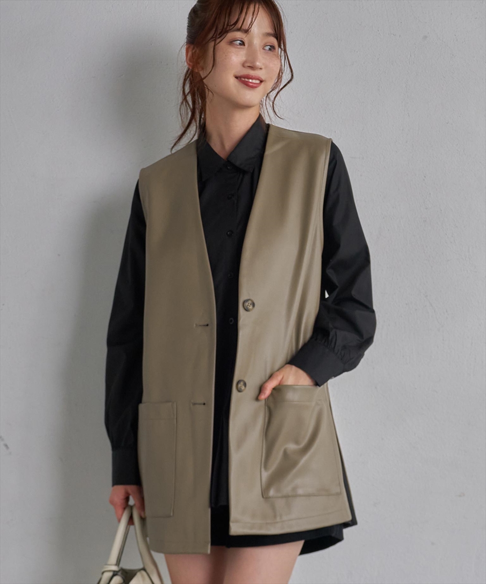 セール】フェイクレザーセミロングジレ【セットアップ着用可