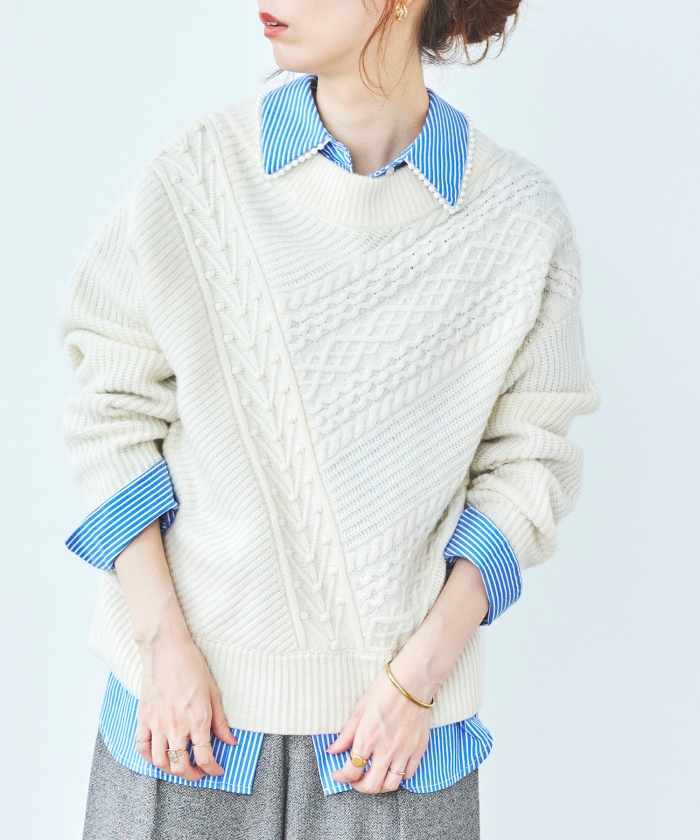 【限定販売】トップスパッチワークケーブルニットプルオーバー