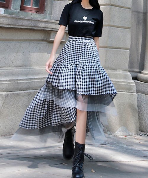 セール】ギンガムチェックレイヤードチュールスカート (504954505  