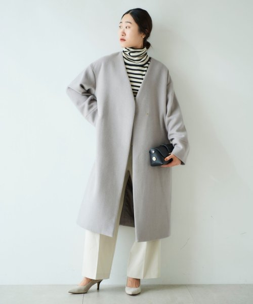 セール】ウールブレンドVネックノーカラーコート(504817708) blanc) MAGASEEK ルクールブラン ウールカルゼノーカラーコート