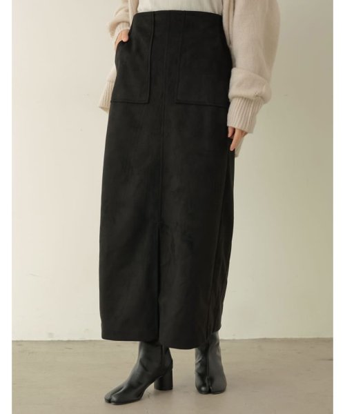 Re:EDIT(リエディ)/[低身長/高身長/大きいサイズ有]スウェードポンチナローフロントスリットスカート/ブラック