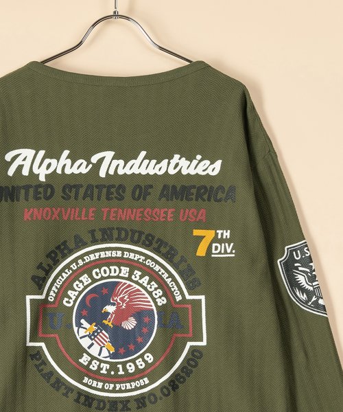 ALPHA INDUSTRIES(アルファインダストリーズ)/【ALPHA/アルファ】  フロント＆バック エアフォース　ロゴプリント  ヘリンボーン長袖Tシャツ/ロンT/アメカジ/ミリタリー/袖プリント/定番/4色展開/アーミーグリーン