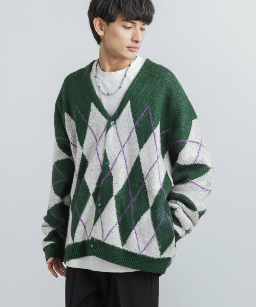 セール ロッキーモンロー Rocky Monroe カーディガン ニット セーター メンズ レディース モヘアライク 羽織り アーガイル ビッグシルエット オーバーサイズ ルーズ カジュアル ライトアウター ゆっ Magaseek