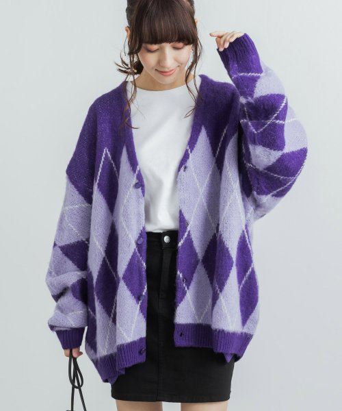 セール ロッキーモンロー Rocky Monroe カーディガン ニット セーター メンズ レディース モヘアライク 羽織り アーガイル ビッグシルエット オーバーサイズ ルーズ カジュアル ライトアウター ゆっ Magaseek