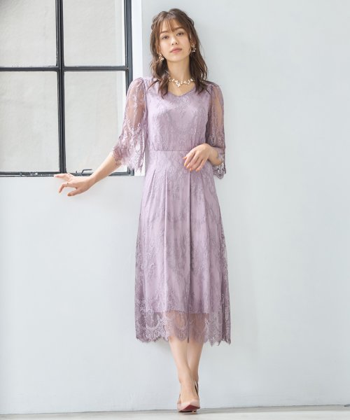 DRESS+(ドレス プラス)/ワンピース ドレス 総レース Aライン ミモレ丈 結婚式 披露宴  パーティードレス/ラベンダー