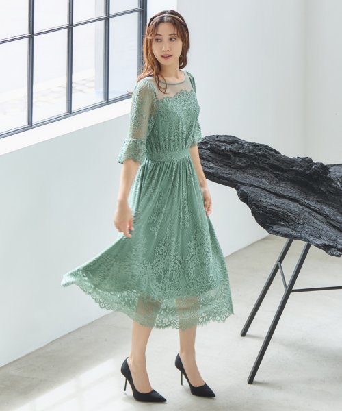 DRESS+(ドレス プラス)/ワンピース ドレス レース チュール フレア Aライン ミモレ丈　パーティードレス　結婚式 /グリーン