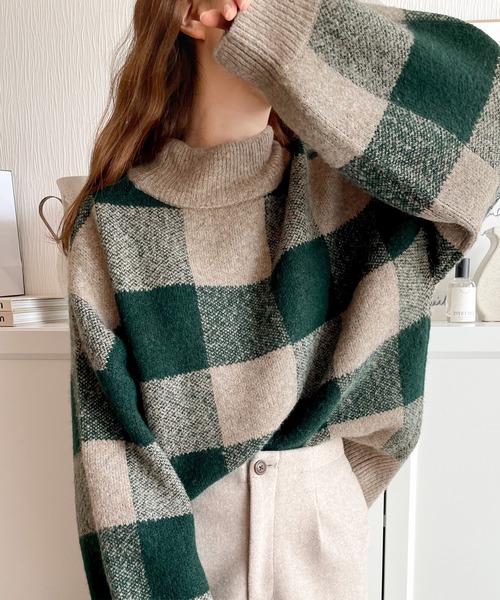 ブロックチェックオーバーニット