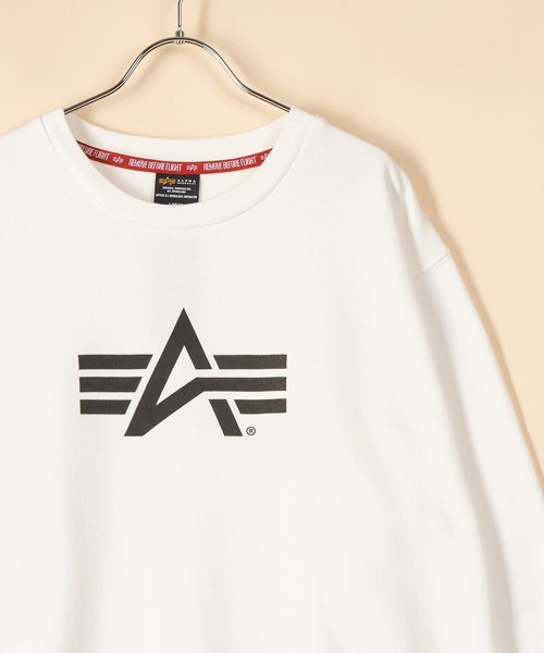 ALPHA INDUSTRIES(アルファインダストリーズ)/【ALPHA】 アルファ FLYING A MARKプリント クルーネック　長袖スウェット/裏起毛/ミリタリー/アメカジ/定番　/ホワイト