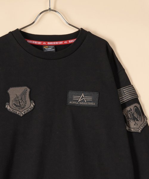 ALPHA INDUSTRIES(アルファインダストリーズ)/【ALPHA】 アルファ US.AIRFORCE ワッペン刺繍 クルーネック　長袖スウェット/裏起毛/ミリタリー/アメカジ/定番　/ブラック