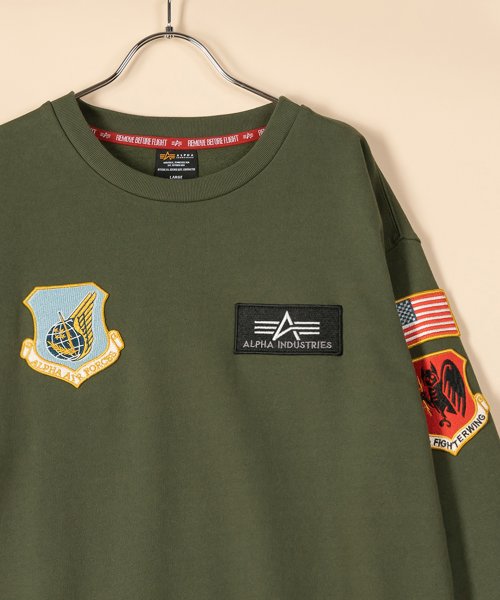 ALPHA INDUSTRIES(アルファインダストリーズ)/【ALPHA】 アルファ US.AIRFORCE ワッペン刺繍 クルーネック　長袖スウェット/裏起毛/ミリタリー/アメカジ/定番　/アーミーグリーン