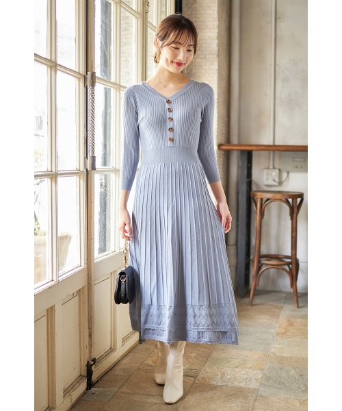 tocco closet(トッコクローゼット)/ヘンリーネック裾透かし編み切り替えリブニットワンピース/GRAYSH BLUE