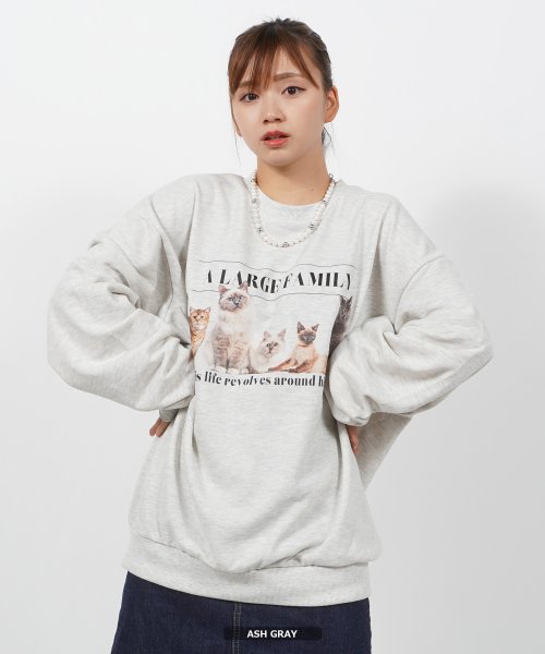 1111clothing(ワンフォークロージング)/オーバーサイズ トレーナー メンズ スウェット レディース ビッグシルエット 長袖 トップス ビッグトレーナー 猫 柄 ネコ 大きいサイズ 韓国ファッション 秋/グレー