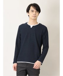 m.f.editorial(エムエフエディトリアル)/ハニカム裏起毛 フェイクキーネック 長袖 メンズ Tシャツ カットソー カジュアル インナー ビジネス ギフト プレゼント/ネイビー