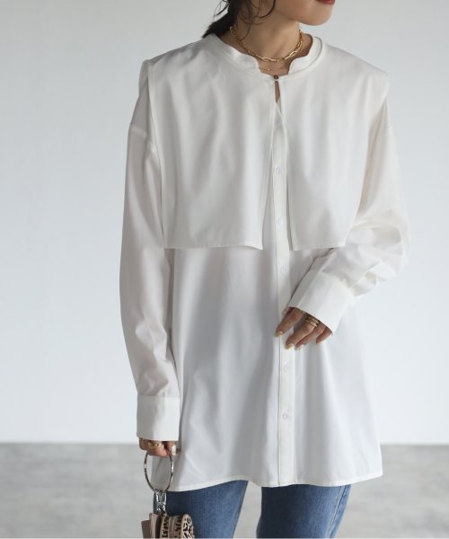 ap retro(アプレトロ)/バックプリーツバンドカラーシャツ　襟付き/ホワイト