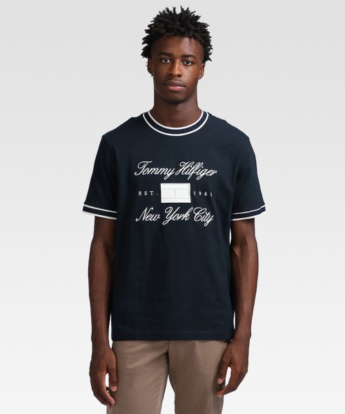 TOMMY HILFIGER(トミーヒルフィガー)/バーズアイテープロゴTシャツ/ネイビー 